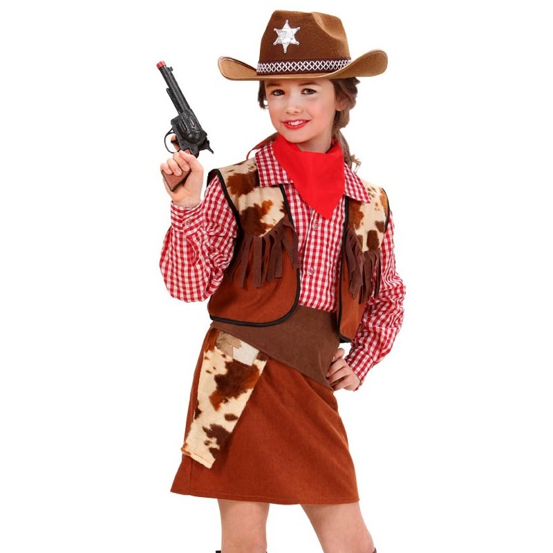 VESTITO CARNEVALE + ACCESSORI COWGIRL COSTUME CAPPELLO PISTOLA  TRAVESTIMENTO (8/10 ANNI)